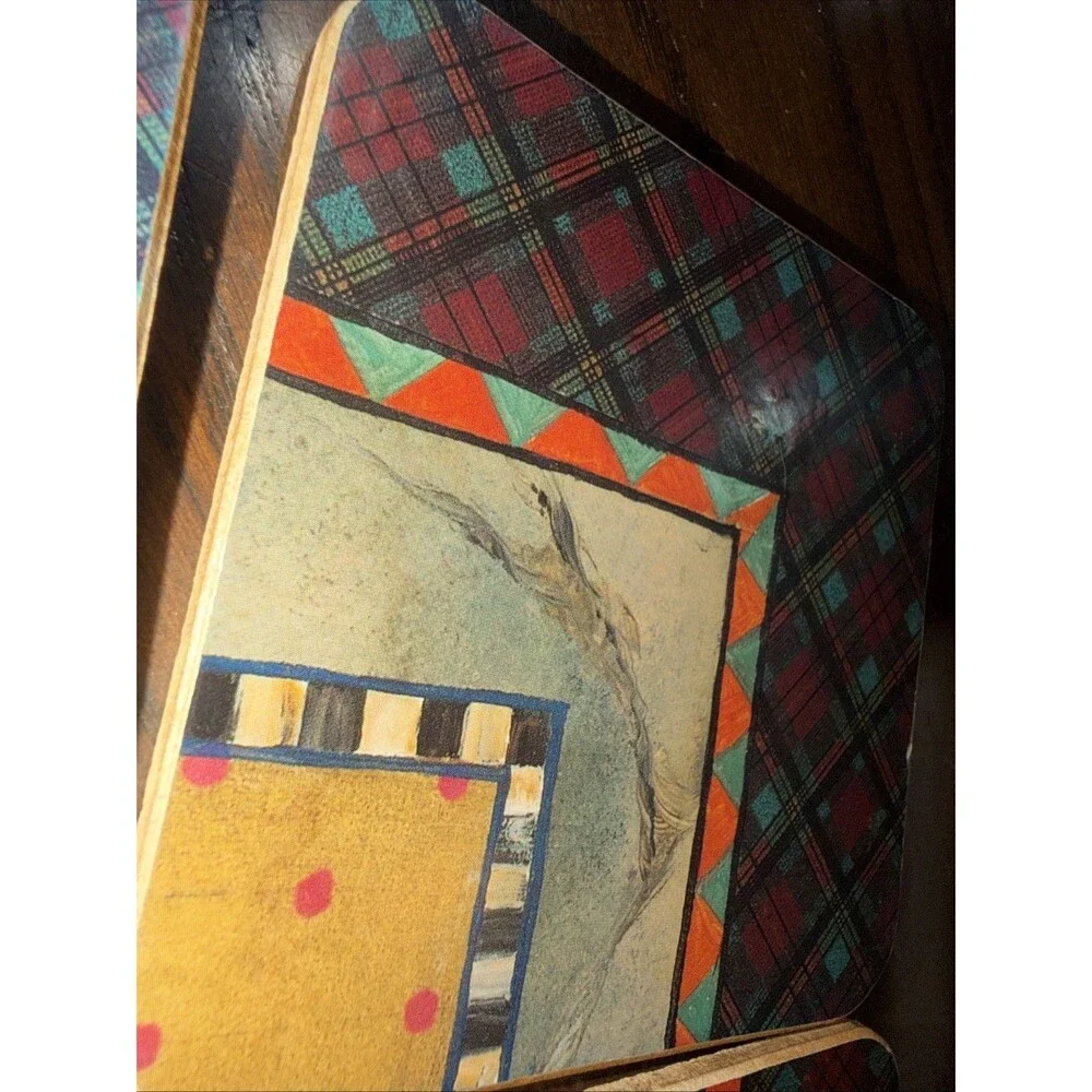 MacKenzie-Childs Pimpernel Square Cork Coaster Set Celtic Corners Plaid Dots